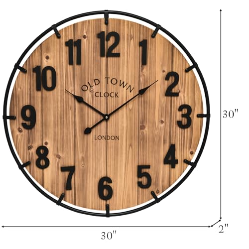 Large Rustic Farmhouse Wall Clock - 30 Inch Antique Wood & Metal Brown Variation
