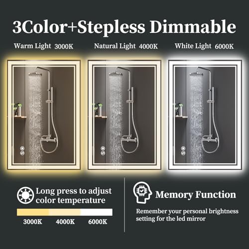 24x32 Inch LED Bathroom Mirror with Anti-Fog & Dimmable Lighting - High Brightness, Memory Function
