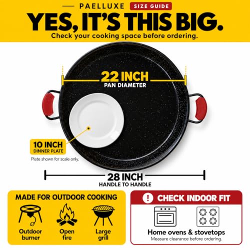 22 Inch Enamelled Steel Paella Pan with No-Rust Carbon Steel Skillet - 16 Servings