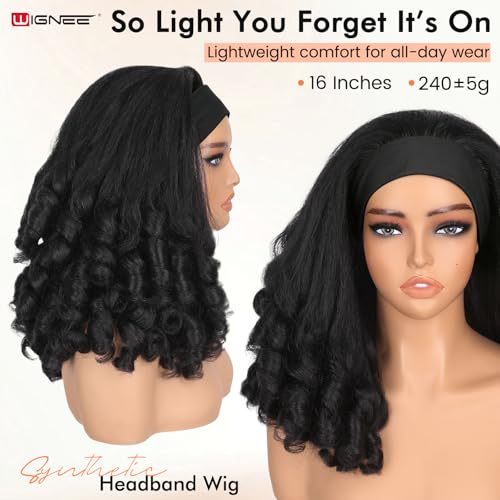 Yaki Curly Headband Wig for Black Women - 16 Inch Black, No Glue Needed