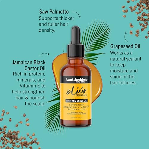 Aunt Jackie's Elixir Essentials Hair & Scalp Oil, Saw Palmetto, Jamaican Black Castor Oil & Grapeseed Oil, Nourishes, Thickens & Supports Hair Growth, 2 oz