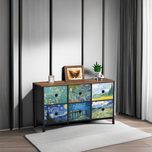 EXOTICA 6-Drawer Dresser with Van Gogh Pattern, 39x11.8x21.7 Inches, Fabric Storage, Wooden Top, Bedroom & Living Room Furniture