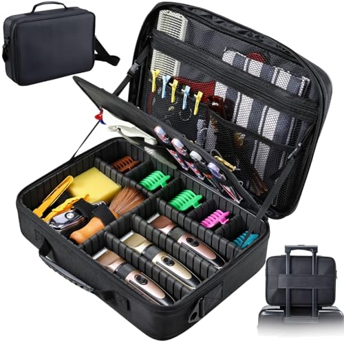 Yueieoun Professional Barber Clipper Case Organizer Bag, Black – Adjustable Dividers, 6-Slot Scissors Panel, Travel Grooming Tool Storage