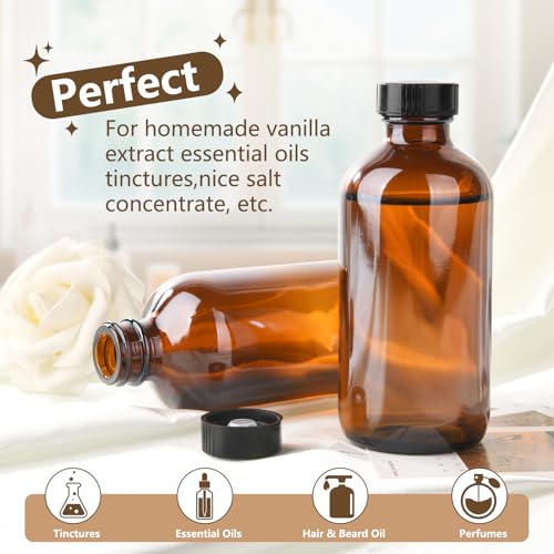 8 oz Amber Glass Boston Round Bottles Pack of 12 with Black Poly Cap - Homemade Extract & Essential Oil Storage