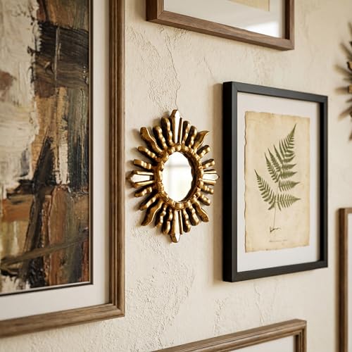 Handmade Small Round Wall Mirror with Bronze Leaf Finish - 6in Sun-Inspired Wood Mirror for Home Decor (Gold)