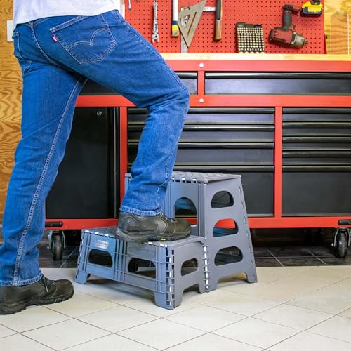 Industrial Gray Foldable Step Stool - Non-Slip, Supports 300lbs, Compact & Portable