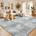 Light Grey Tie-Dyed 8x10 Area Rug - Large Shaggy Carpet for Living Room - Grey Fluffy Rug with Non-Slip Backing