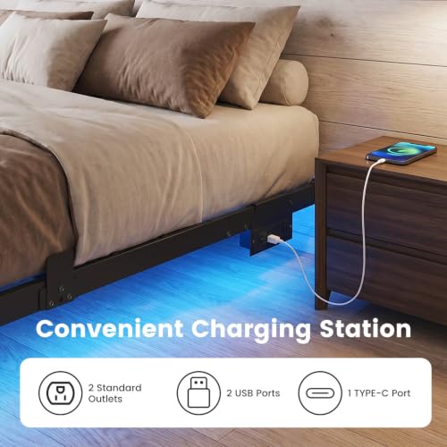 Queen Floating Bed Frame with Smart LED Lights & USB Charging Station