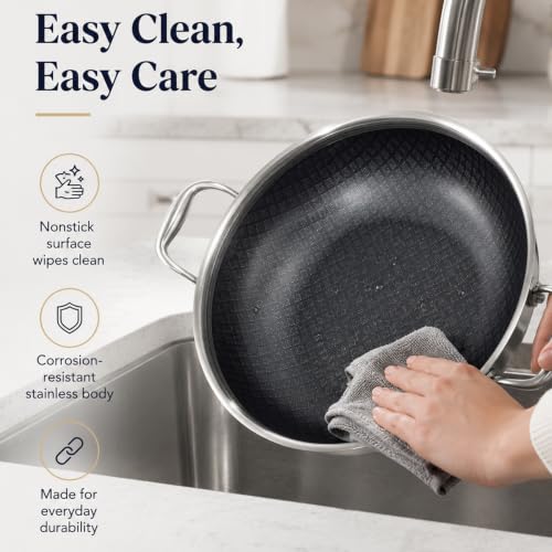 Black 14-Inch Tri-Ply Stainless Steel Wok Pan with Lid - DELARLO
