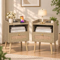 Nightstand Set of 2 with Charging Station - Rattan Side Tables, Light Oak, 15.9 x 11.8 inches, Boho Bedroom End Tables for Small Spaces