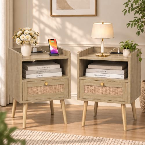 Nightstand Set of 2 with Charging Station - Rattan Side Tables, Light Oak, 15.9 x 11.8 inches, Boho Bedroom End Tables for Small Spaces