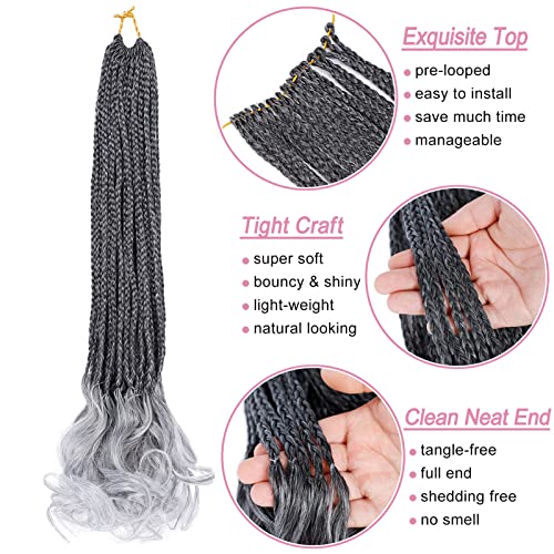 French Curl Crochet Braids 22 Inch 6 Packs - Gray Goddess Box Braids with Curly Ends