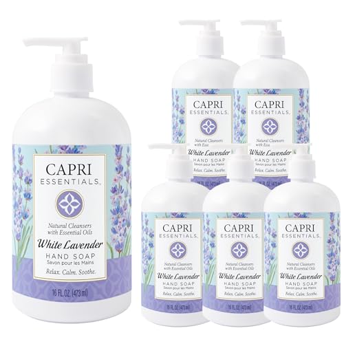 CAPRI ESSENTIALS Hand Soap Liquid, Natural Household Cleaning Supplies, Gentle Plant Based Aromatic Hand Wash, Blend of Essential Oils, Removes Dirt & Grime, White Lavender Scent, 16 FL Oz (6 Pack)