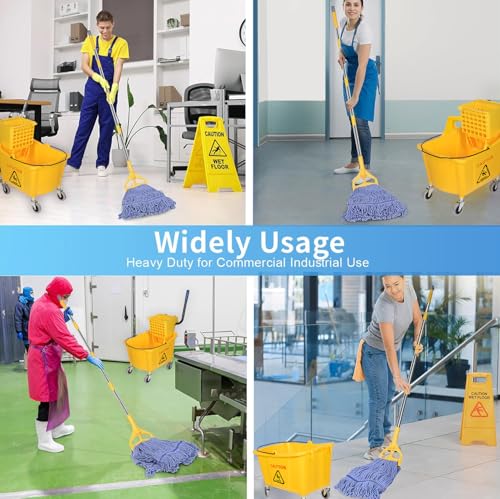 HiBaBy Commercial Mop Bucket & Blue Microfiber Mop Set with Yellow 35-Quart On Wheels
