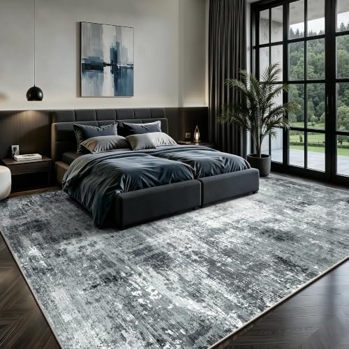 Large Grey Washable Rug - Modern Abstract Non-Slip Floor Carpet for Living Room Bedroom