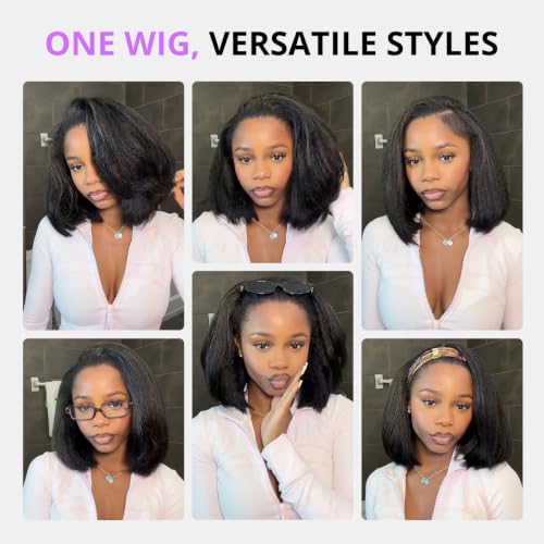 10 Inch Kinky Straight Half Wig for Black Women - Natural Black, Glueless, No Lace