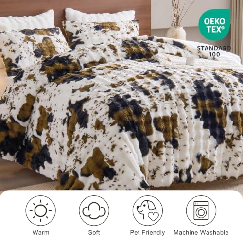 Faux Rabbit Fur Bubble Comforter Set Queen with Cow Print - 3 Pieces