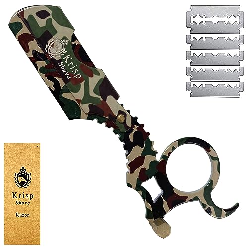 Straight Razor with 10 Shaving Blades Razors for Men - Professional Barber Straight Edge Razor for Close Shaving Cut Throat Shavette Men Beard Shave Manual Blade Holder By Krisp Beauty Green Camo