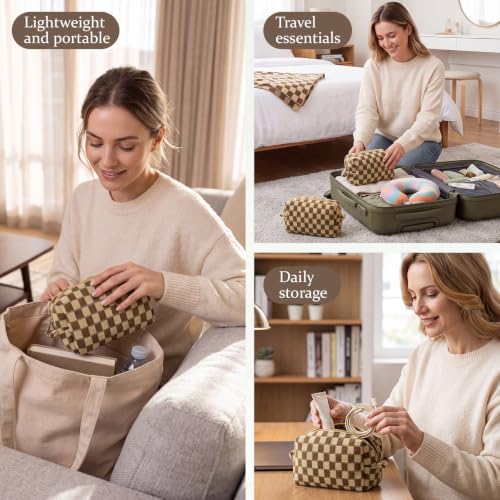 Gilprop 12 Pcs Checkered Makeup Bags Small Cosmetic Pouches Brown Set