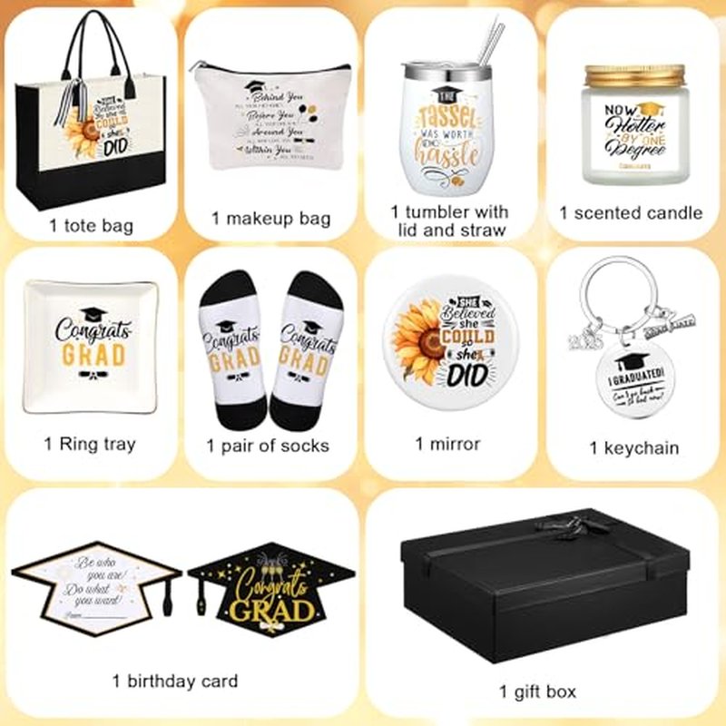 10 Pcs Graduation Gifts for Women Include Tote Bag Makeup Bag Tumbler Candle Ring Tray Keychain and Socks Congratulations Graduation Gifts for 2026 Graduates(Classic,Black)