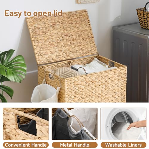 Laundry Hamper with Wheels 40.92 Gallon Water Hyacinth Wicker Basket with Lid & Removable Liners - Natural, 23.62 x 15.75 x 25.6 inches