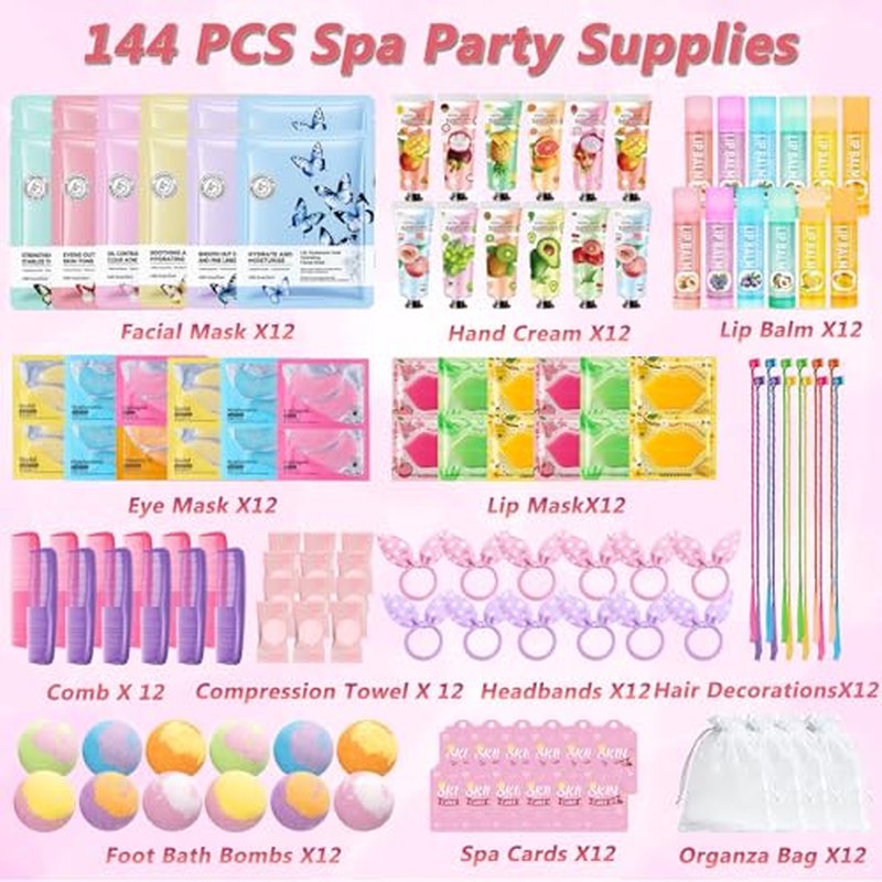 144 PCS Spa Party Supplies for Women, Spa Party Favors Include Face Masks Skincare, Hand Cream, Lip Balm, Eye Mask, Lip Mask,Foot Bath Bomb, Hair Brush, Spa Birthday Sleepover Party Supplies