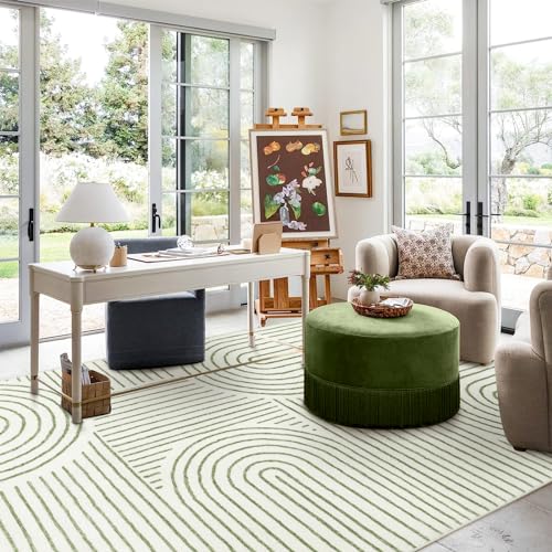 Lahome Abstract 8x10 Green Living Room Rug - Non-slip, Washable Area Carpet