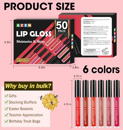 Lip Gloss Set 50 Colors Bulk with Hydrating Vitamin E & Coconut Oil - B-50P