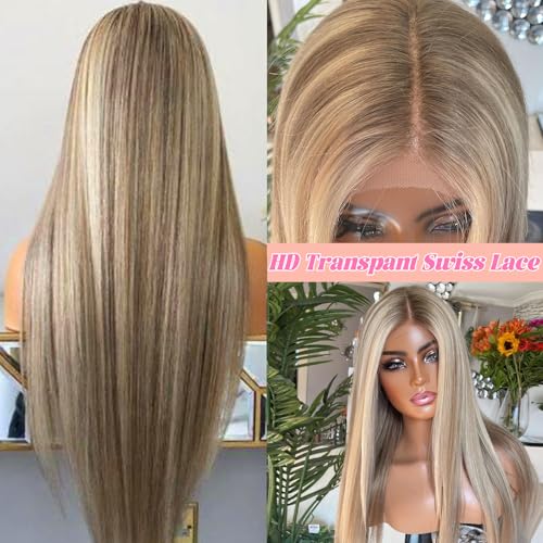 18 Inch Ash Brown Lace Front Wig with Highlights - Human Hair, Glueless, Pre-Plucked, Ombre Blonde & Brown Variation #8T18P60