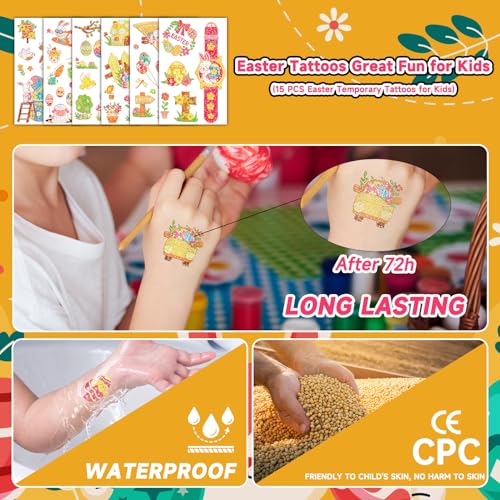 EMOME Easter Basket Essentials, 15 Sheets Easter Tattoos for Kids Bulk Tattoos Temporary for Easter Basket Stuffers Egg Fillers, Easter Decorations Party Favors Supplies Games for Boys Girls(Glitter)