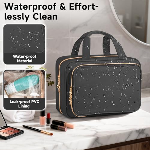 Travel Toiletry Bag for Women - Waterproof Hanging Organizer, Medium Black