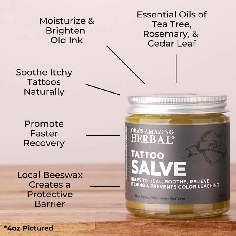 Natural Tattoo Salve 4 oz Pack of 1 - Moisturizing & Itch Soothing Balm, Petroleum-Free, Support Old & New Ink, USA Made