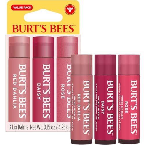Burt¡¯s Bees Tinted Lip Balm Value Pack Includes 3 Lip Balms: Red Dahlia, Daisy and Rose; 8 Hour Moisture; Provides a Hint of Color; Nourishing Shea Butter; 100% Natural Origin; 3 Tubes; 3x0.15 Oz.