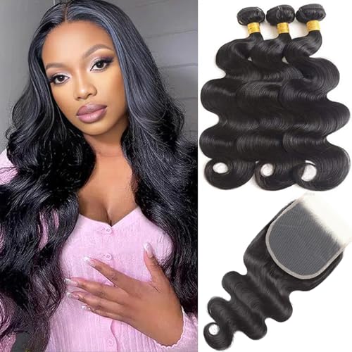 Brazilian Body Wave Hair Bundles with Closure 16 18 20 + 14 Inch Natural Color