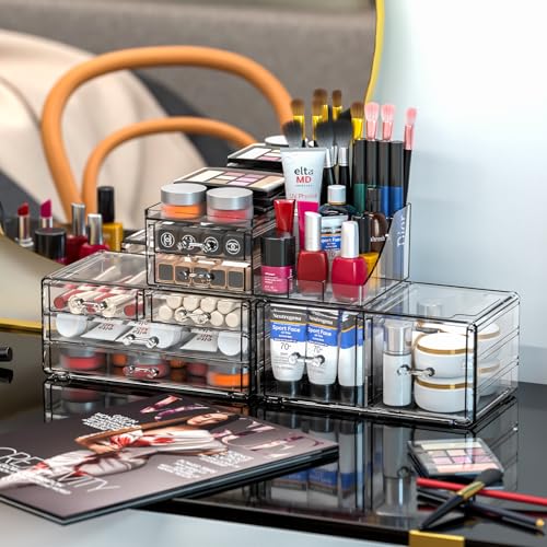 Cq Acrylic 3-Pack Clear Makeup Organizer with 8 Drawers - Stackable Vanity Storage
