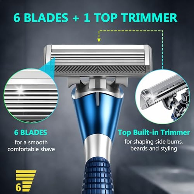 6-Blade Razor Refill Cartridges 4 Count, Professional Razor Blades for Men with Lubricating Strip, Wall Hook & Cleaning Brush Included for Smooth Shaving with Matching Handle