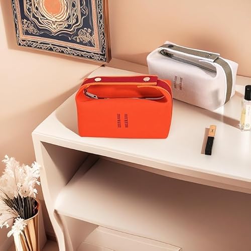 Fashion Makeup Bag for Women, Orange Red Canvas Make up Travel Bag, Hanging Cosmetic Bag Organizer for Wome