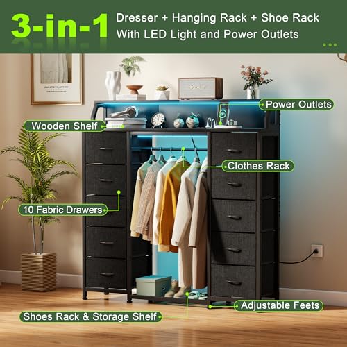 51-Inch Dresser with Hanging Rack and 10 Fabric Drawers - Black, 11.8"D x 51.2"W x 49.1"H