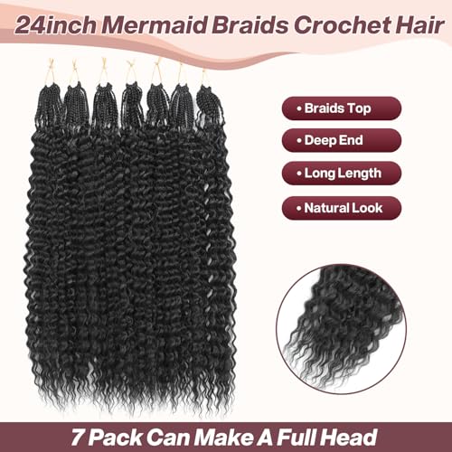 Deep Wave Crochet Hair 24 Inch 7 Packs Mermaid Box Braids for Black Women - Water Wave Synthetic Hair, Goddess Braid Style, Variations of 24 Inch (7 Packs) / 1B