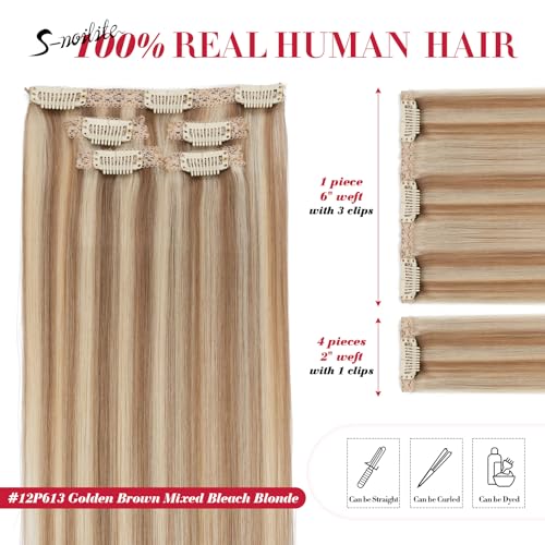 Short Clip-In Hair Extensions Real Remy Human Hair - 12 Inch Golden Brown Mix Bleach Blonde - 5 Pieces
