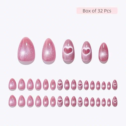 Press On Nails - Love Beam | Heart Cat Eye, UV Finish Almond Nails, Salon Quality | 32 Nails, 16 Sizes Kit with Glue and Adhesive Tabs I Female Founded - Beauty, Self Care