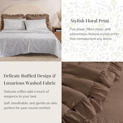 Amber Brown Queen Comforter Set with Ruffles & Floral Sheets - 7 Pieces