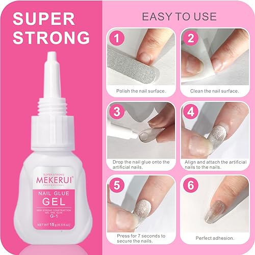 MEKERUI 2 Pack Nail Glue Gel & Remover Set - Long-lasting 30+ Days, Quick Dry, Waterproof, Salon Professional, 1 Fl Oz Each
