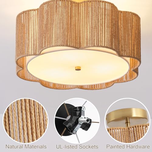 17.7-Inch Rattan Flush Mount Ceiling Light - Boho Farmhouse Drum Chandelier, Yellow, 3-Light