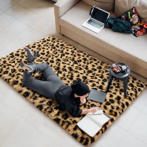 Amearea 6x9 Khaki Fluffy Leopard Rug - Premium Cheetah Print Area Rug
