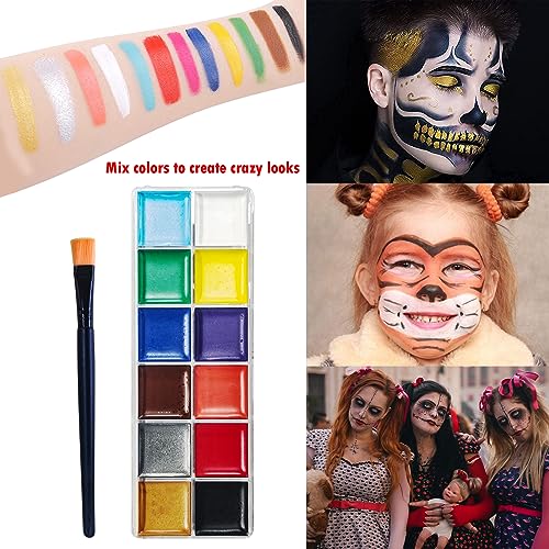 Professional Halloween SFX Special Effects Makeup Kits, Fake Blood, Scab Coagulated Blood Gel, 12 Colors Face Body Paint, Wound Modeling Scar Wax With Spatula Tool, Brushes, Stipple Sponge, Adhesive