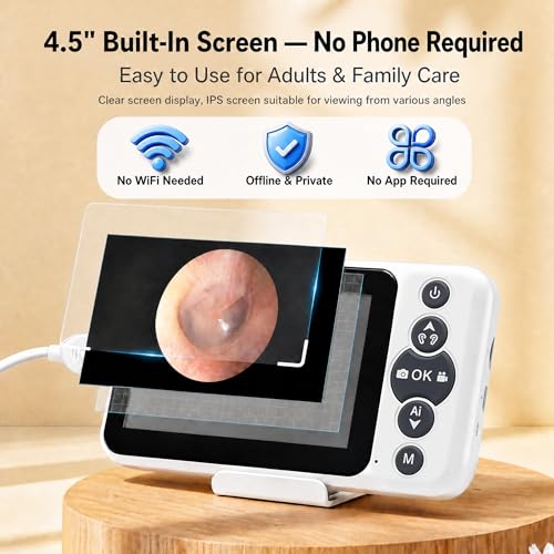 Digital Otoscope with 4.5-Inch HD Screen, No Phone Needed Ear Camera with Light