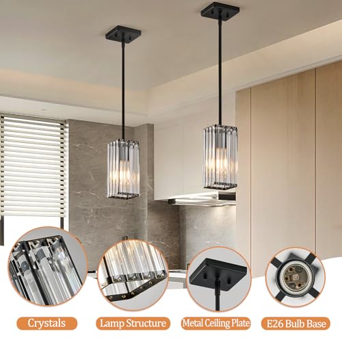Kvhiiw 3-Pack Black Crystal Pendant Lights for Kitchen Island & Dining Room - Adjustable Height, Dimmable, Modern Design