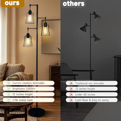 PESRAE Matte Black Dimmable Industrial Floor Lamp with Teardrop Cage Heads & 3 LED Bulbs