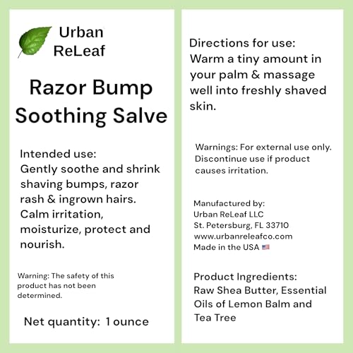 Urban ReLeaf RAZOR BUMP Soothing Salve! 1 oz. Quickly soothe bumps, rashes, ingrown hairs & razor burn. 100% Natural, Vegan. Pure Shea, Tea Tree, Lemon Balm. For face, neck, bikini, body!